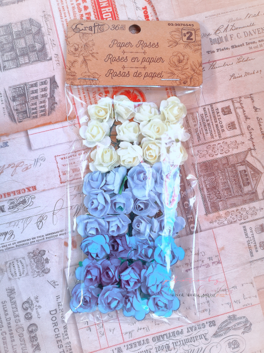 Blue, baby blue and white paper roses for mixed media from the dollar store, paper roses from the dollar store